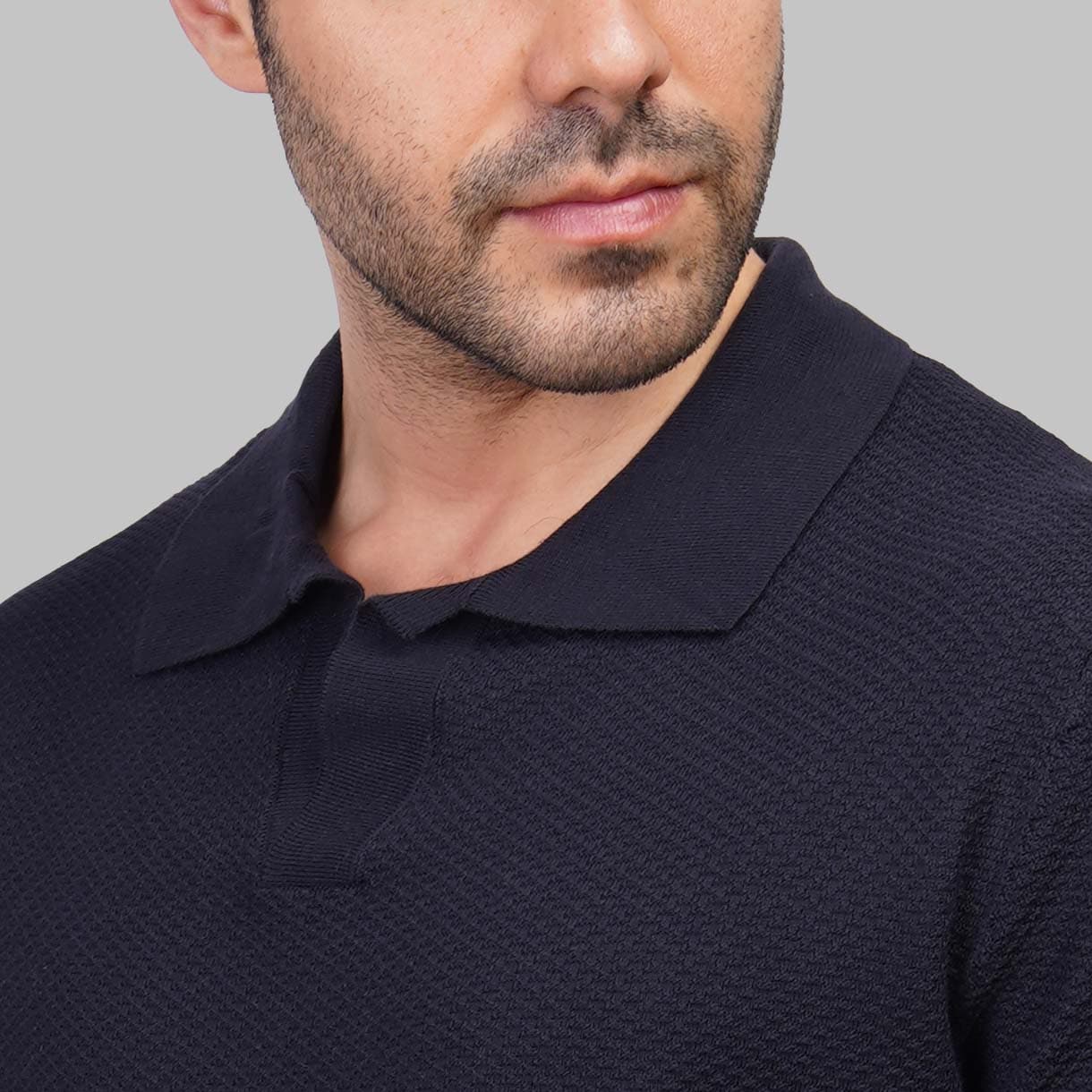 V-Neck Ribbed Knit Polo Shirt - Dockland