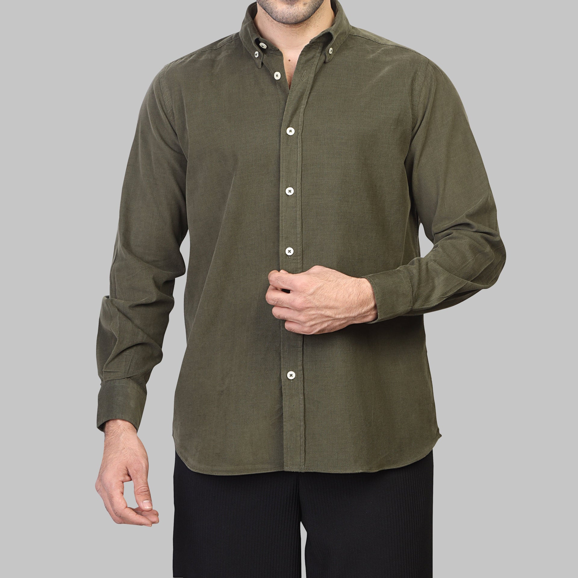 LONG SLEEVE CORDUROY SHIRT- OLIVE - Dockland
