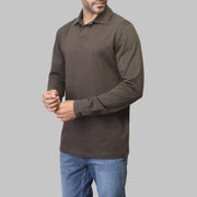 Plain Long-Sleeve Polo Shirt - BROWN - Dockland